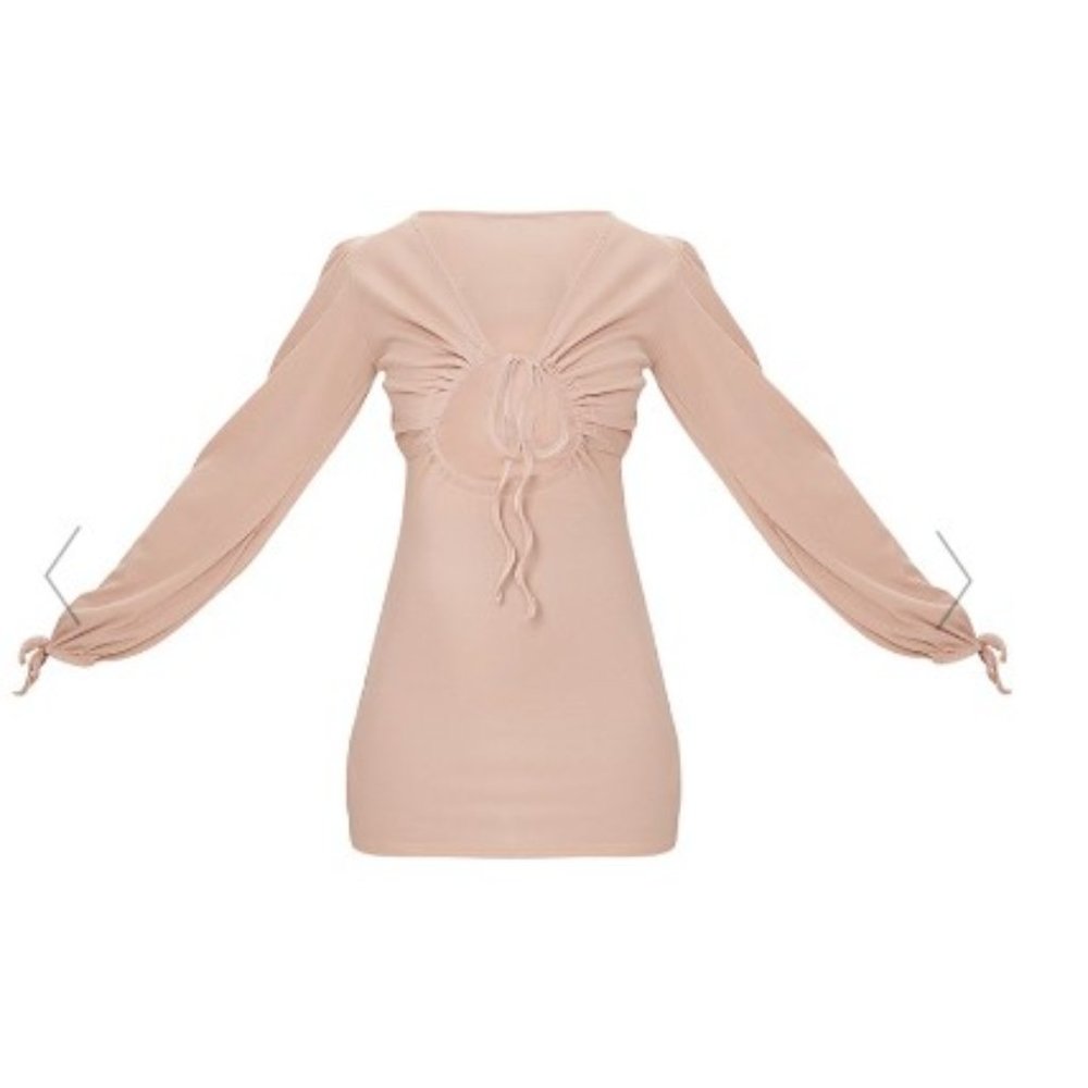 NEW! PrettyLittleThing STONE TIE FRONT DETAIL LONG SLEEVE BODYCON DRESS - SIZE 6